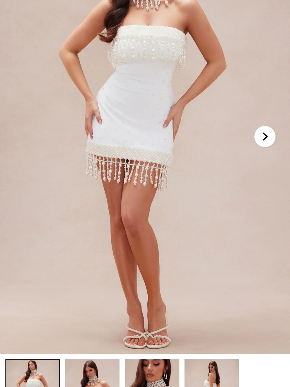 Fashion Nova White Strapless Beaded Fringe Mini Dress